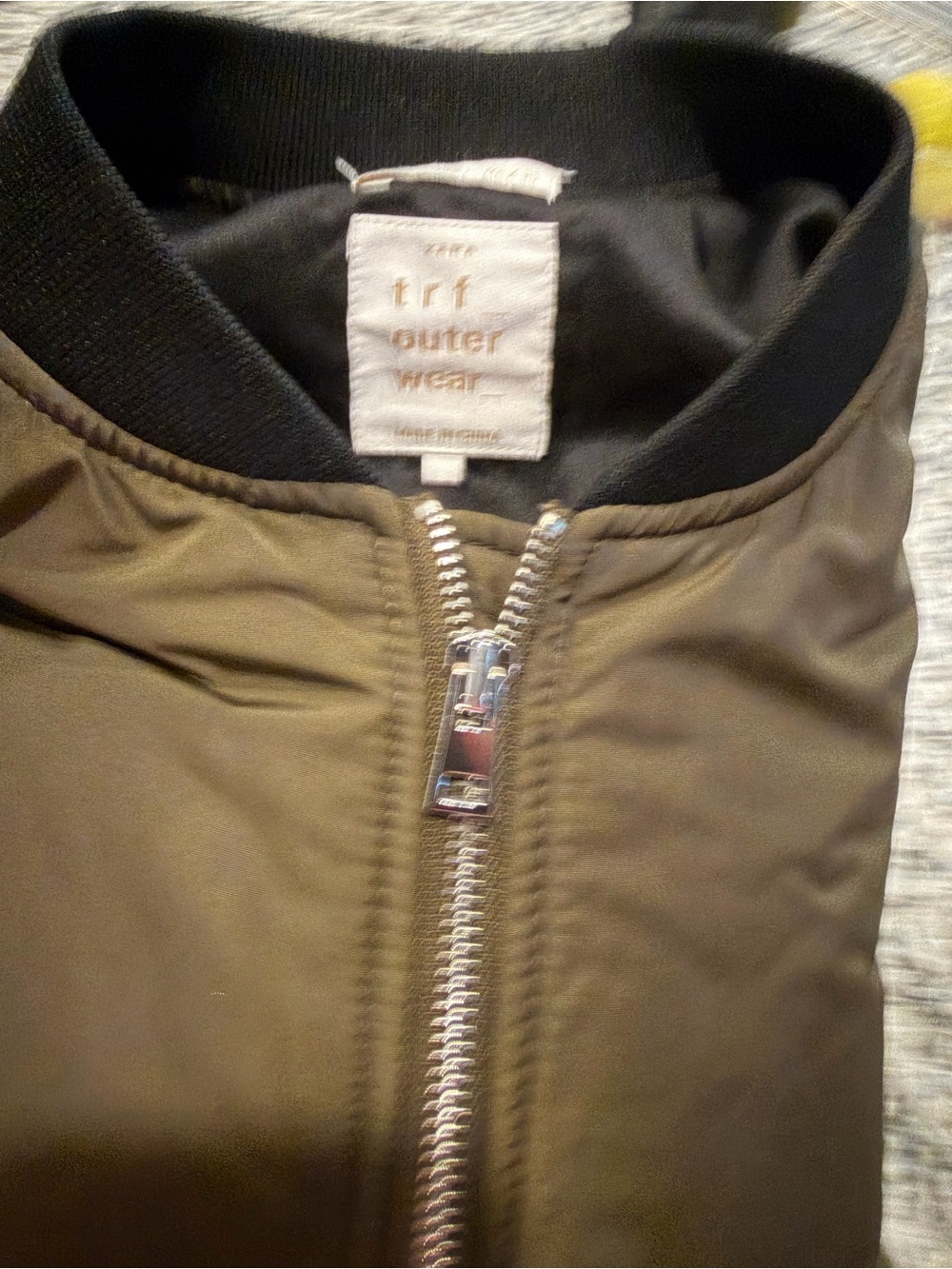 Zara Olive Green Bomber Jacket with Black Trim